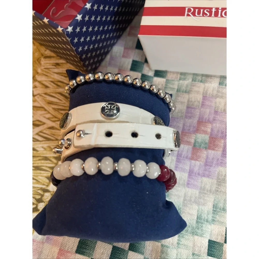 Lot Of 3 Patriotic USA Red White & Blue Rustic Cuff bracelets 1‎ Leather 2 Beads - Picture 5 of 6